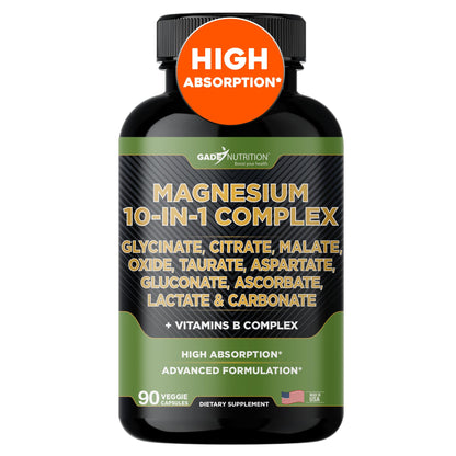 Gade Nutrition Magnesium Complex 10 in 1 - Glycinate, Citrate, Malate, Oxide, Taurate, Aspartate, Gluconate Ascorbate Lactate Carbonate Zinc Copper Manganese & Vitamins 90 Count - dailyvitalstore