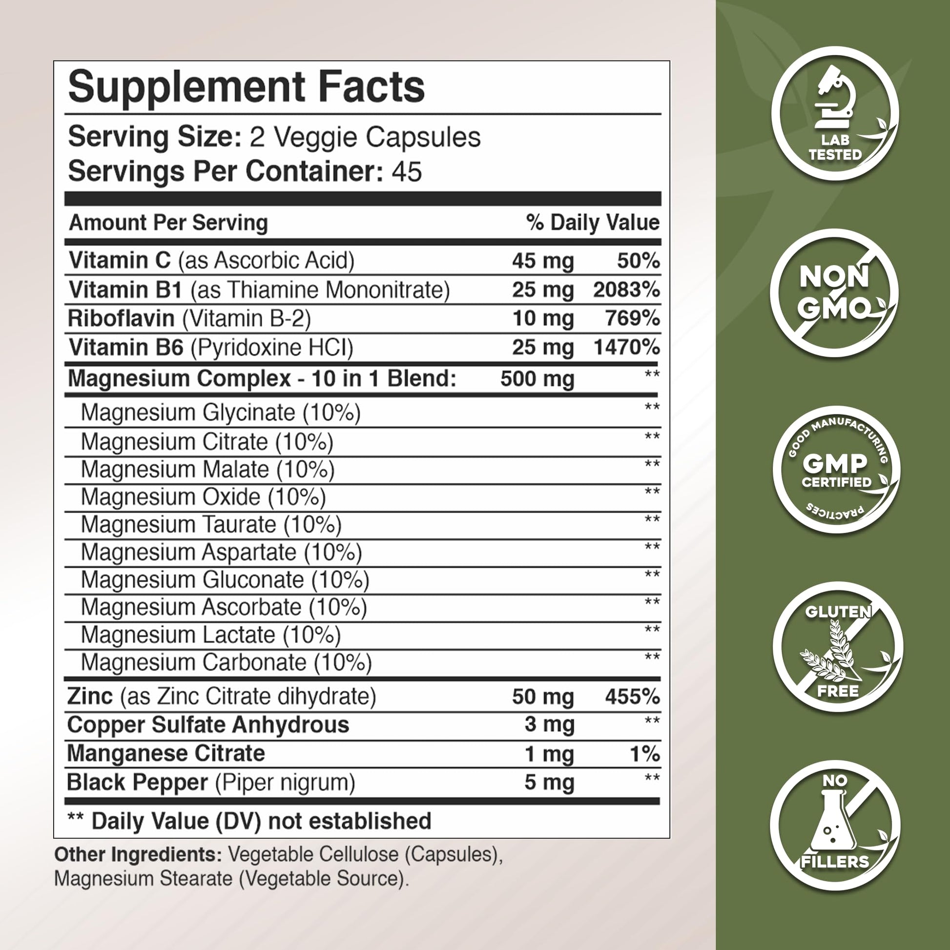 Gade Nutrition Magnesium Complex 10 in 1 - Glycinate, Citrate, Malate, Oxide, Taurate, Aspartate, Gluconate Ascorbate Lactate Carbonate Zinc Copper Manganese & Vitamins 90 Count - dailyvitalstore