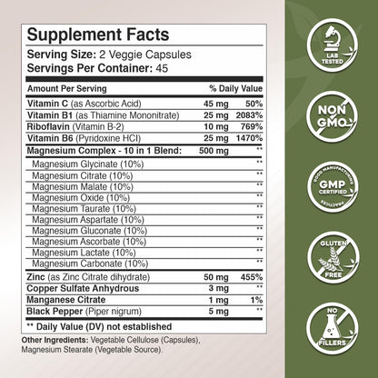 Gade Nutrition Magnesium Complex 10 in 1 - Glycinate, Citrate, Malate, Oxide, Taurate, Aspartate, Gluconate Ascorbate Lactate Carbonate Zinc Copper Manganese & Vitamins 90 Count - dailyvitalstore