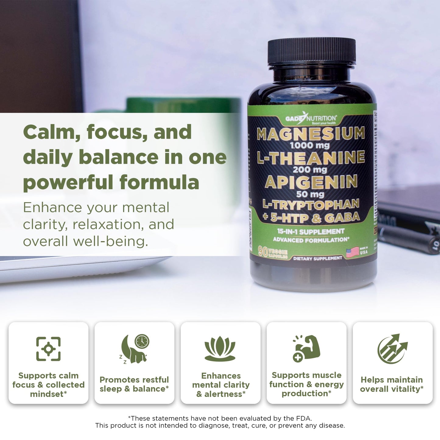 Gade Nutrition Magnesium Glycinate & Magneisum Supplements with Apigenin, L Theanine 200 mg, 5 HTP, GABA Calm Brain Booster Supplement Sleep Aid Ashwagandha L Tryptophan Chamomile - dailyvitalstore