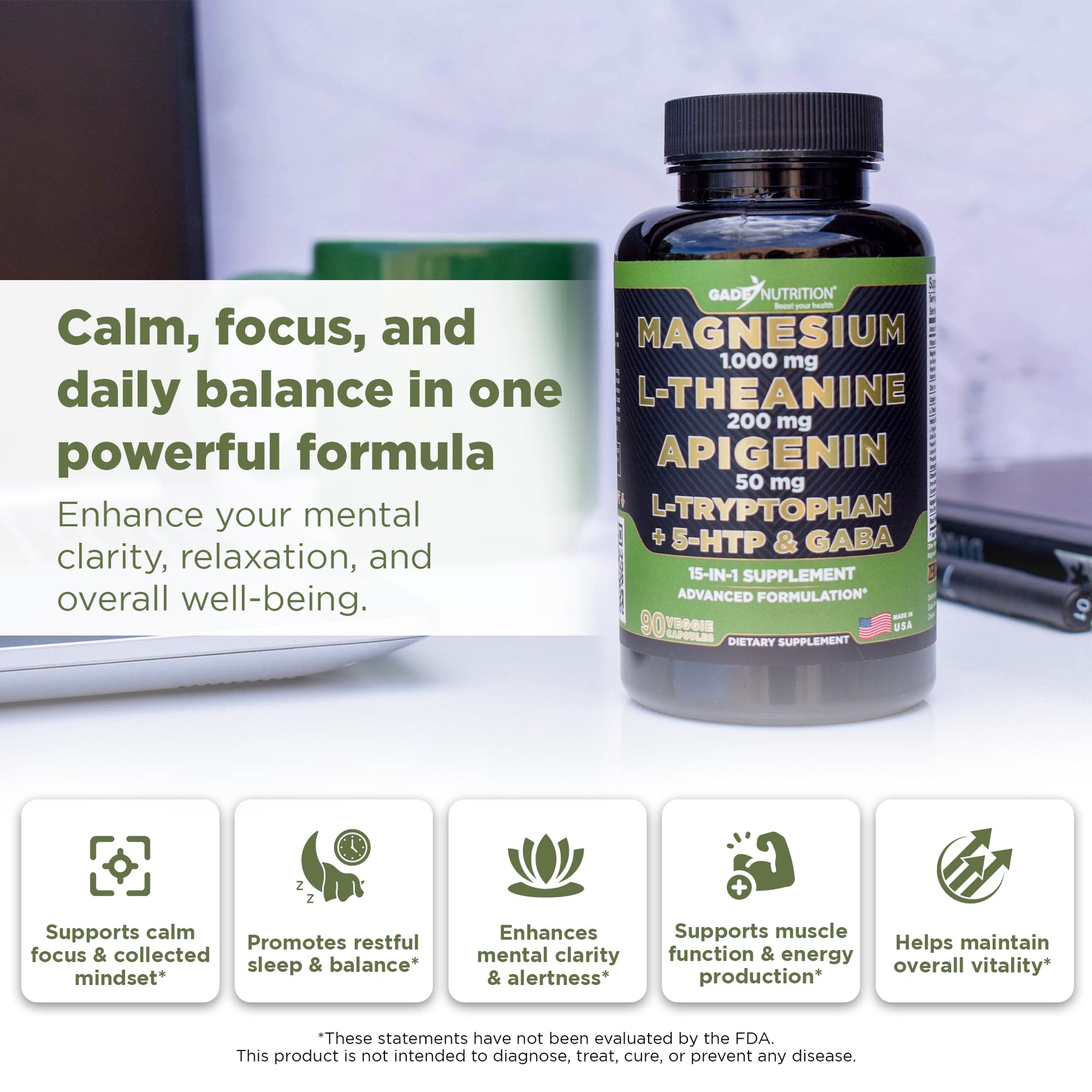 Gade Nutrition Magnesium Glycinate & Magneisum Supplements with Apigenin, L Theanine 200 mg, 5 HTP, GABA Calm Brain Booster Supplement Sleep Aid Ashwagandha L Tryptophan Chamomile - dailyvitalstore