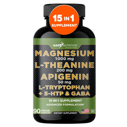 Gade Nutrition Magnesium Glycinate & Magneisum Supplements with Apigenin, L Theanine 200 mg, 5 HTP, GABA Calm Brain Booster Supplement Sleep Aid Ashwagandha L Tryptophan Chamomile - dailyvitalstore