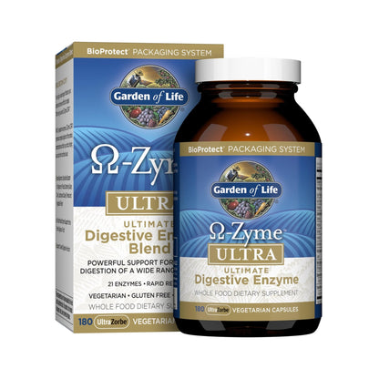 Garden of Life 21 Powerful Digestive Enzymes with Papain, Bromelain, Lipase, Ginger, Turmeric for Complete Digestion of Protein, Carbs & Fats – Omega-Zyme ULTRA, Gluten-Free, Vegetarian, 180 Capsules - dailyvitalstore