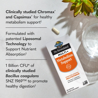 Garden of Life Dr. Formulated Multi+ Metabolism Support - Fermented Liposomal Multivitamin + Chromax, Capsimax, Berberine & Probiotics - 30 Capsules - dailyvitalstore