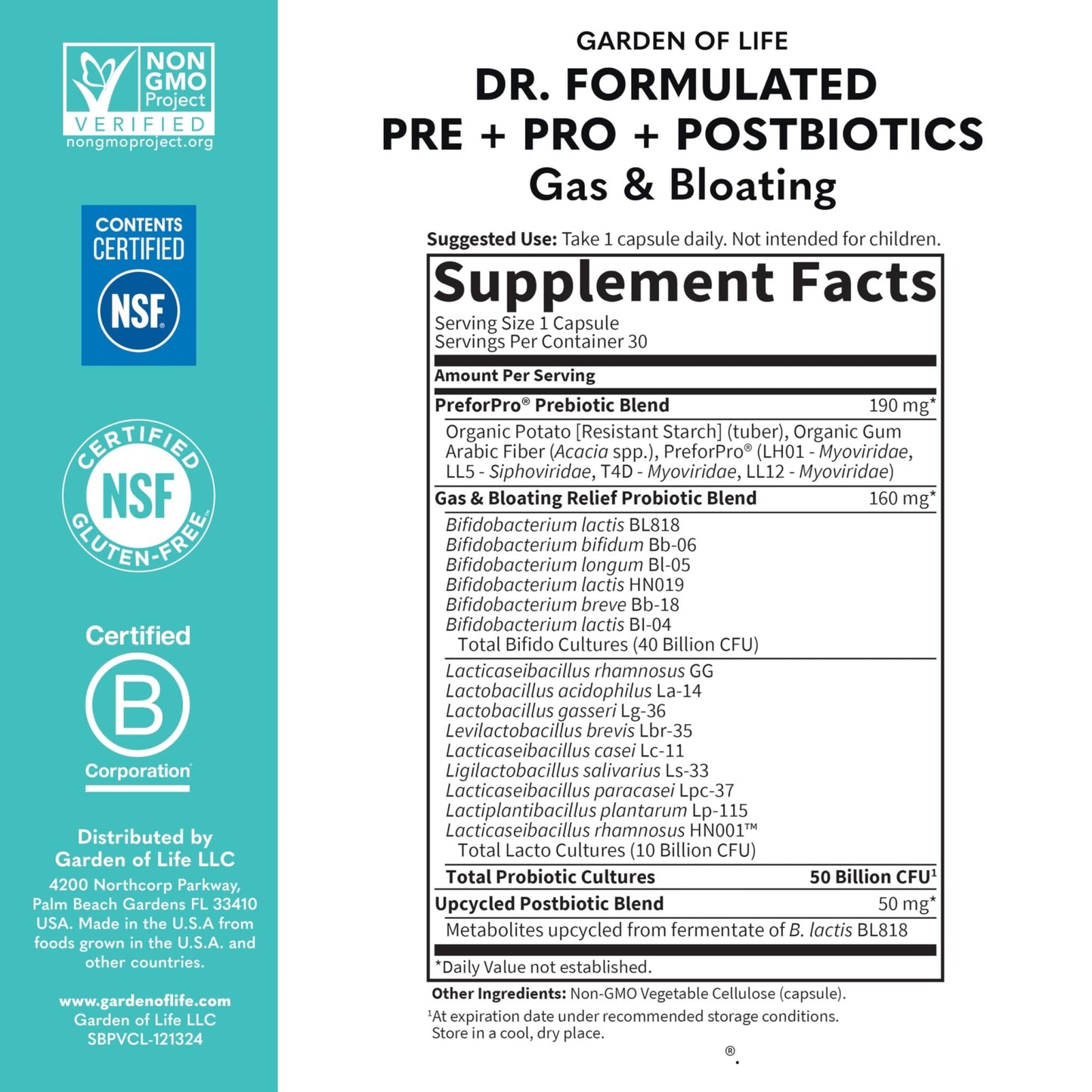 Garden of Life Dr. Formulated Pre, Post & Probiotics Gas & Bloating Once Daily 3-in-1 Complete Prebiotics, Postbiotics & Probiotics – 50 Billion CFU - dailyvitalstore