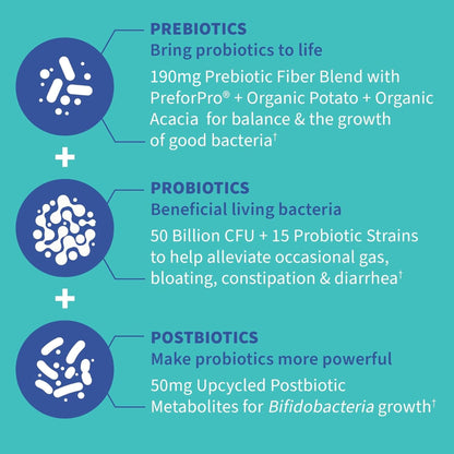Garden of Life Dr. Formulated Pre, Post & Probiotics Gas & Bloating Once Daily 3-in-1 Complete Prebiotics, Postbiotics & Probiotics – 50 Billion CFU, Non-GMO, Gluten-Free, 30 Day Supply - dailyvitalstore