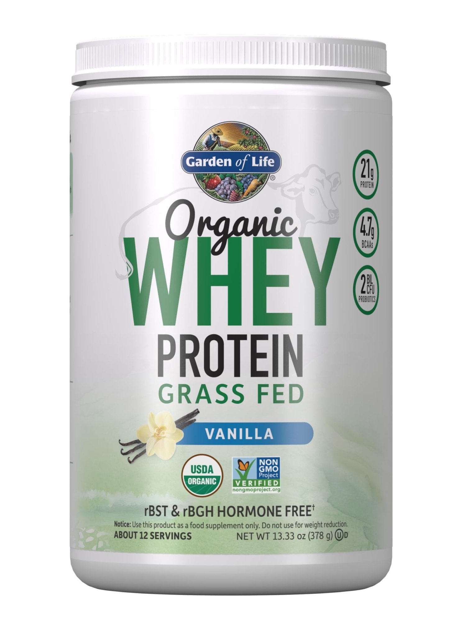 Garden of Life Grass Fed Whey Protein Powder Vanilla - 21g Protein for Women & Men + Probiotics - 12 Servings - Gluten Free, Non GMO, Kosher, Humane, RBST & rBGH Hormone Free - dailyvitalstore