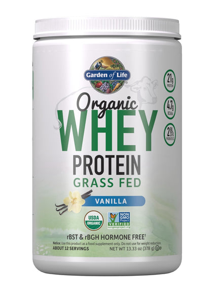 Garden of Life Grass Fed Whey Protein Powder Vanilla - 21g Protein for Women & Men + Probiotics - 12 Servings - Gluten Free, Non GMO, Kosher, Humane, RBST & rBGH Hormone Free - dailyvitalstore