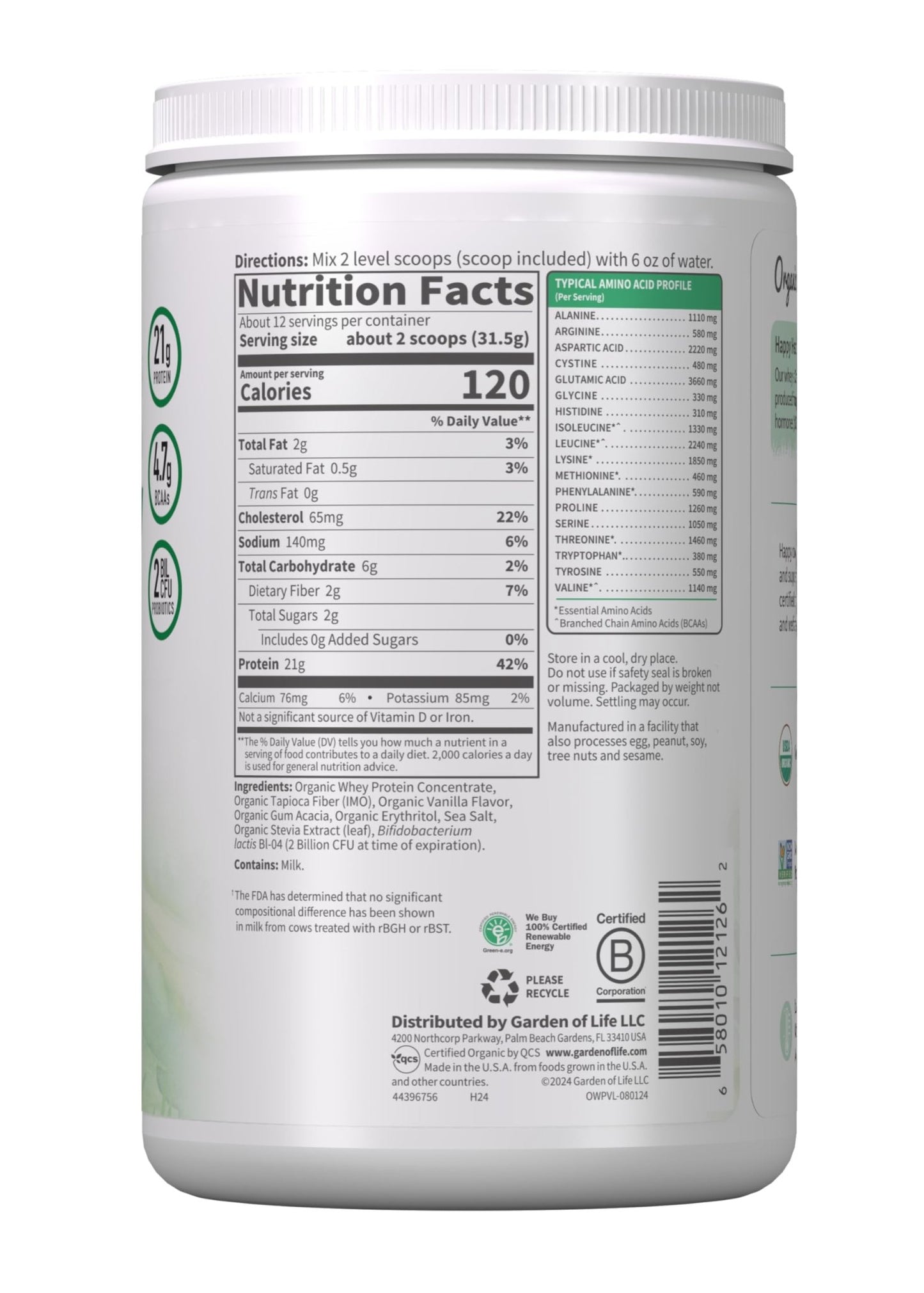 Garden of Life Grass Fed Whey Protein Powder Vanilla - 21g Protein for Women & Men + Probiotics - 12 Servings - Gluten Free, Non GMO, Kosher, Humane, RBST & rBGH Hormone Free - dailyvitalstore
