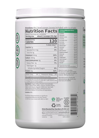 Garden of Life Grass Fed Whey Protein Powder Vanilla - 21g Protein for Women & Men + Probiotics - 12 Servings - Gluten Free, Non GMO, Kosher, Humane, RBST & rBGH Hormone Free - dailyvitalstore