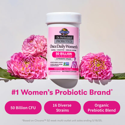 Garden of Life Once Daily Dr. Formulated Probiotics for Women 50 Billion CFU 16 Probiotic Strains with Organic Prebiotics for Digestive, Vaginal & Immune Health, Dairy Free, Shelf Stable 30 Capsules - dailyvitalstore