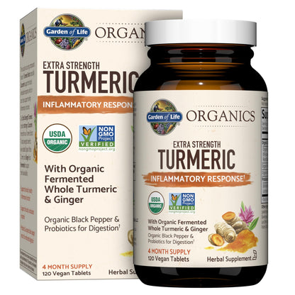 Garden of Life Organics Extra Strength Turmeric Inflammatory Response 120 Tablets-100Mg Curcumin (95% Curcuminoids) Black Pepper, Probiotics, Organic Non-GMO Vegan Gluten Free Herbal Supplement - dailyvitalstore