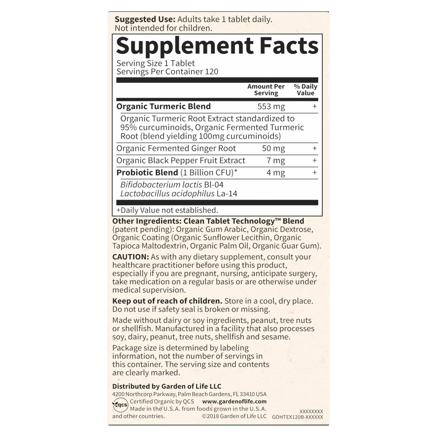 Garden of Life Organics Extra Strength Turmeric Inflammatory Response 120 Tablets-100Mg Curcumin (95% Curcuminoids) Black Pepper, Probiotics, Organic Non-GMO Vegan Gluten Free Herbal Supplement - dailyvitalstore
