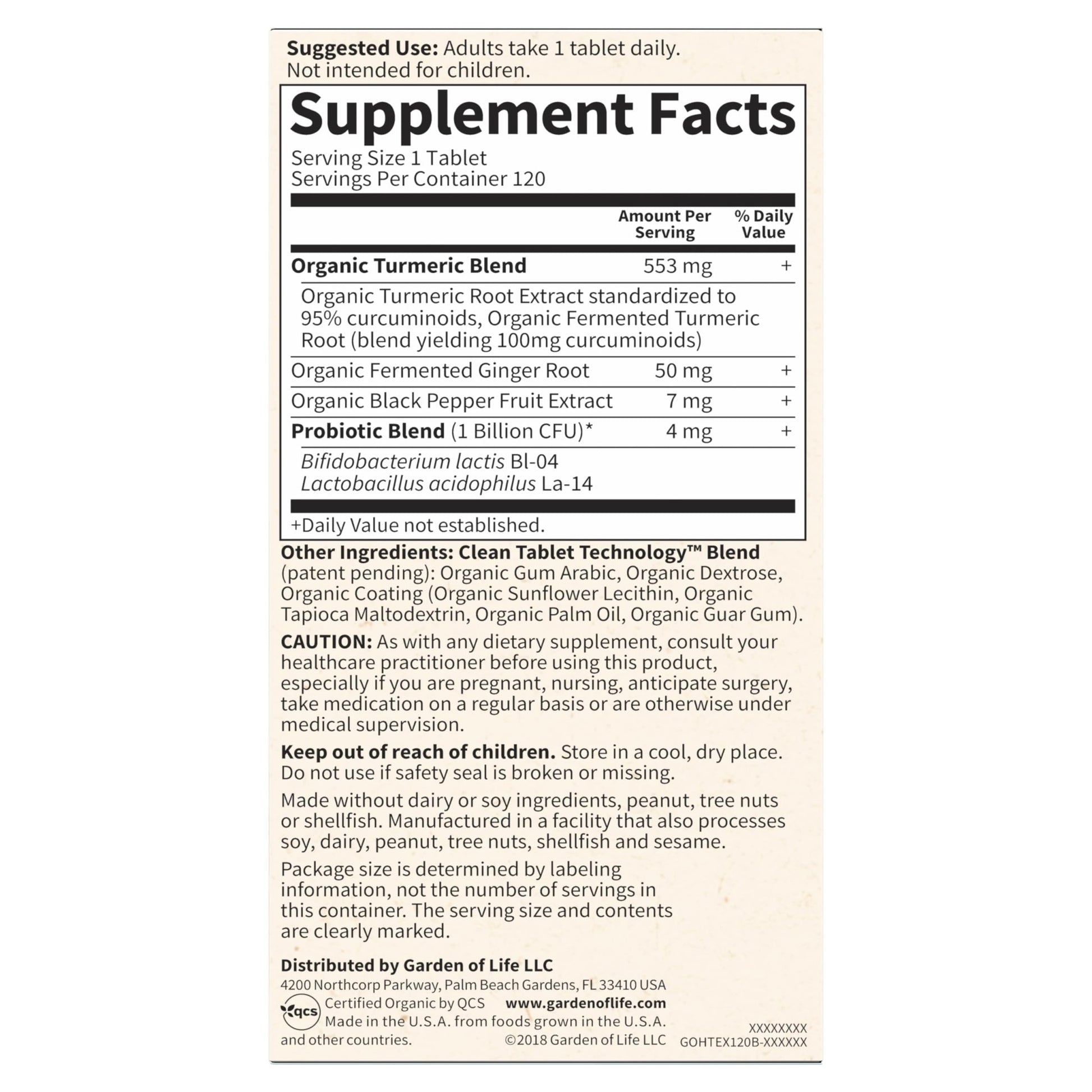 Garden of Life Organics Extra Strength Turmeric Inflammatory Response 120 Tablets-100Mg Curcumin (95% Curcuminoids) Black Pepper, Probiotics, Organic Non-GMO Vegan Gluten Free Herbal Supplement - dailyvitalstore