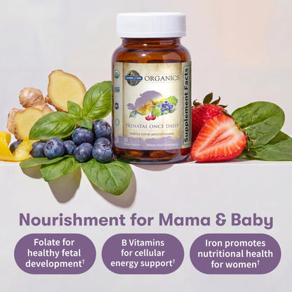 Garden of Life Organics Prenatal Vitamin: Folate for Energy & Healthy Fetal Development, Non-constipating Iron, Vitamin C, B6, B12, D3 – Organic, Non-GMO, Gluten-Free, Vegan, 30 Day Supply - dailyvitalstore