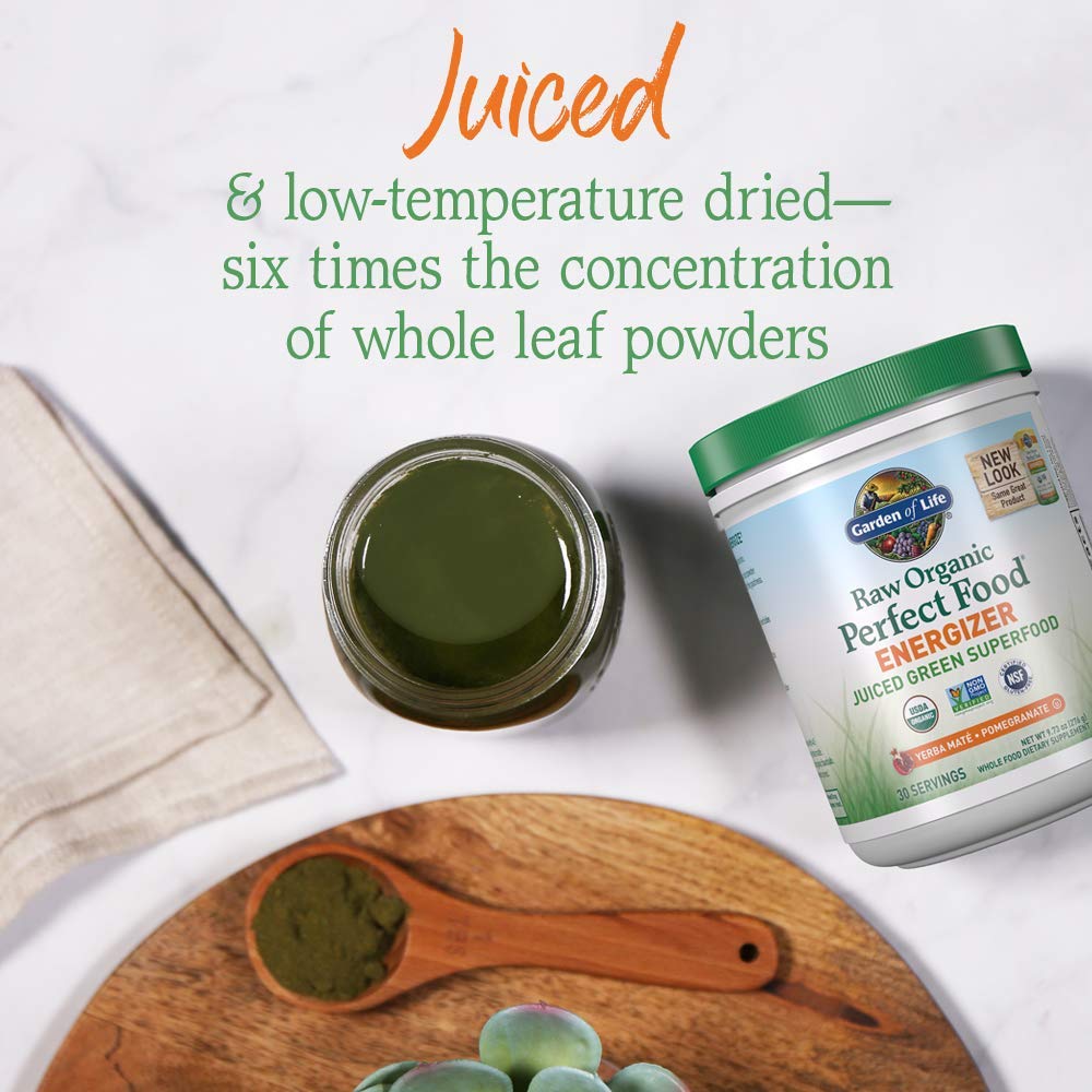 Garden of Life Raw Organic Perfect Food Energizer Juiced Green Superfood Powder - Yerba Mate Pomegranate, 30 Servings, Green Superfood Powder & Probiotics, Gluten Free Whole Food Greens Supplements - dailyvitalstore