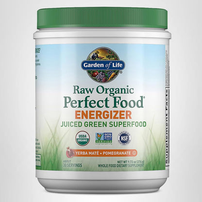 Garden of Life Raw Organic Perfect Food Energizer Juiced Green Superfood Powder - Yerba Mate Pomegranate, 30 Servings, Green Superfood Powder & Probiotics, Gluten Free Whole Food Greens Supplements - dailyvitalstore
