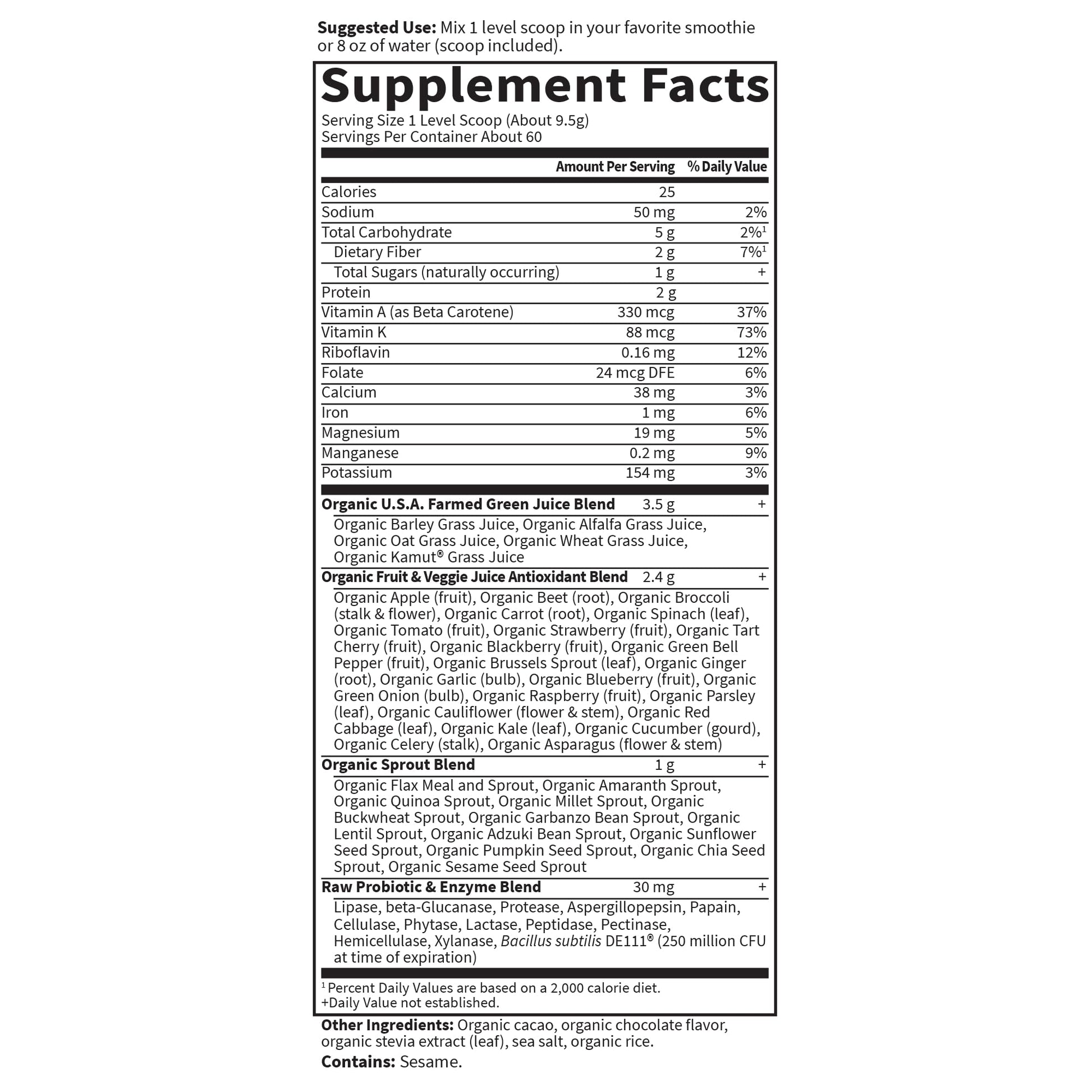 Garden of Life Raw Organic Perfect Food Green Superfood Juiced Greens Powder - Chocolate, 60 Servings, Non-GMO, Gluten Free, Vegan Whole Food Dietary Supplement Plus Probiotics, Enzymes - dailyvitalstore