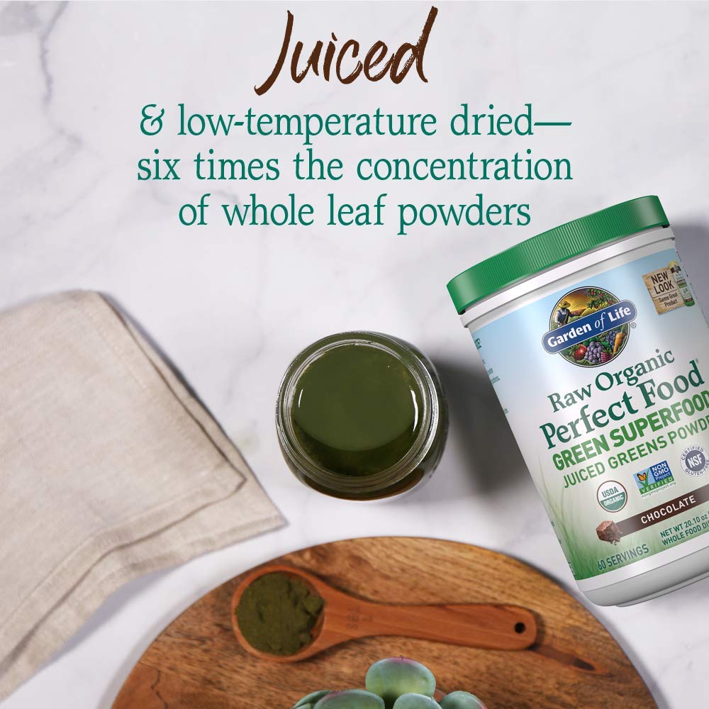 Garden of Life Raw Organic Perfect Food Green Superfood Juiced Greens Powder - Chocolate, 60 Servings, Non-GMO, Gluten Free, Vegan Whole Food Dietary Supplement Plus Probiotics, Enzymes - dailyvitalstore