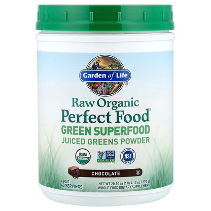 Garden of Life Raw Organic Perfect Food Green Superfood Juiced Greens Powder - Chocolate, 60 Servings, Non-GMO, Gluten Free, Vegan Whole Food Dietary Supplement Plus Probiotics, Enzymes - dailyvitalstore