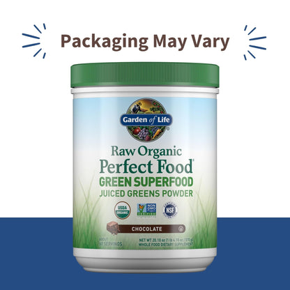 Garden of Life Raw Organic Perfect Food Green Superfood Juiced Greens Powder - Chocolate, 60 Servings, Non-GMO, Gluten Free, Vegan Whole Food Dietary Supplement Plus Probiotics, Enzymes - dailyvitalstore