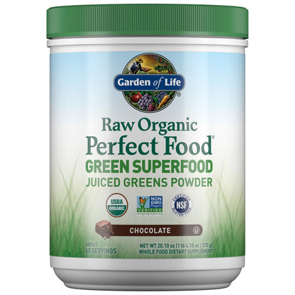 Garden of Life Raw Organic Perfect Food Green Superfood Juiced Greens Powder - Chocolate, 60 Servings, Non-GMO, Gluten Free, Vegan Whole Food Dietary Supplement Plus Probiotics, Enzymes - dailyvitalstore