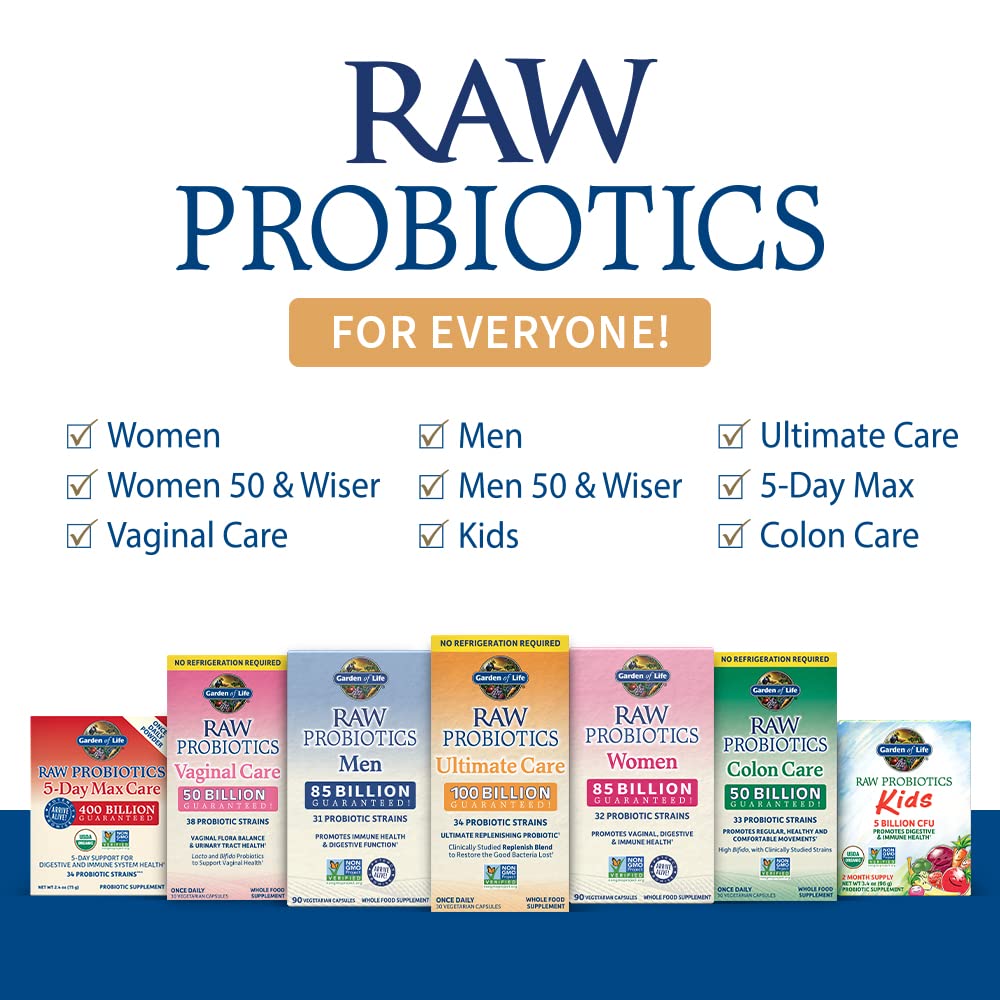 Garden of Life Raw Probiotics for Women and Men with Digestive Enzymes, 100 Billion CFU, Clinically Studied Strains, Shelf Stable, 30 Capsules - dailyvitalstore