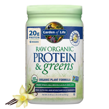 Garden of Life Raw Protein & Greens Vanilla Protein Powder – 20g Plant Based Greens Powder, Probiotics & Enzymes, Post-Workout Recovery, Vegan, Gluten-Free, Non-GMO, 20 Servings - dailyvitalstore