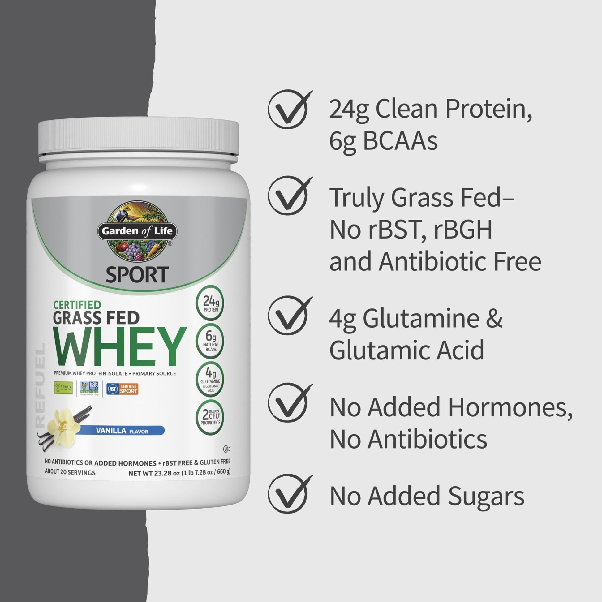 Garden of Life Sport Grass Fed Whey Protein Powder – 24g Whey Protein Isolate for Women & Men with Probiotics & Glutamine, Non-GMO, Gluten-Free, Cold-Processed, Vanilla Flavor, 20 Servings - dailyvitalstore