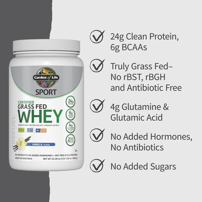 Garden of Life Sport Grass Fed Whey Protein Powder – 24g Whey Protein Isolate for Women & Men with Probiotics & Glutamine, Non-GMO, Gluten-Free, Cold-Processed, Vanilla Flavor, 20 Servings - dailyvitalstore