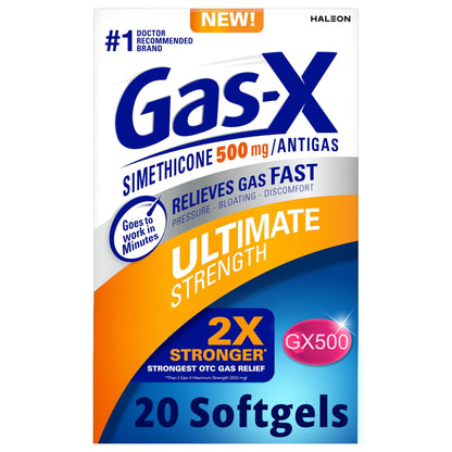 Gas-X Ultimate Strength Gas Relief Softgels with Simethicone 500 mg, Fast Bloating Relief, Anti-Gas, OTC Stomach & Intestinal Gas, Easy to Swallow, 20 Count - dailyvitalstore