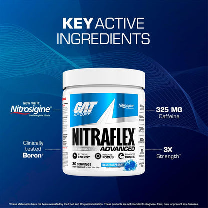 GAT SPORT Nitraflex Advanced Pre-Workout Powder, Increases Blood Flow, Boosts Strength and Energy, Improves Exercise Performance, (Blue Raspberry, 30 Servings) - dailyvitalstore