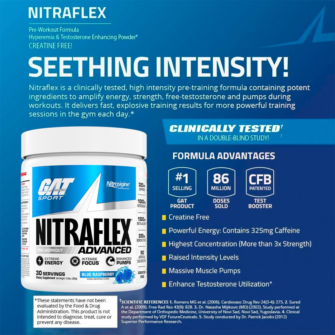 GAT SPORT Nitraflex Advanced Pre-Workout Powder, Increases Blood Flow, Boosts Strength and Energy, Improves Exercise Performance, (Blue Raspberry, 30 Servings) - dailyvitalstore
