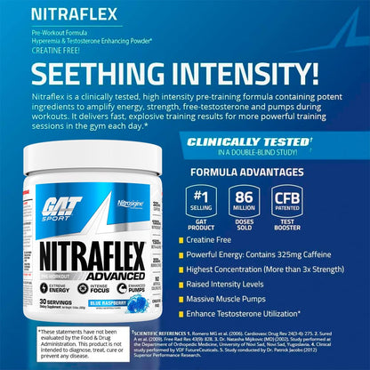 GAT SPORT Nitraflex Advanced Pre-Workout Powder, Increases Blood Flow, Boosts Strength and Energy, Improves Exercise Performance, (Blue Raspberry, 30 Servings) - dailyvitalstore