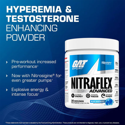 GAT SPORT Nitraflex Advanced Pre-Workout Powder, Increases Blood Flow, Boosts Strength and Energy, Improves Exercise Performance, (Blue Raspberry, 30 Servings) - dailyvitalstore