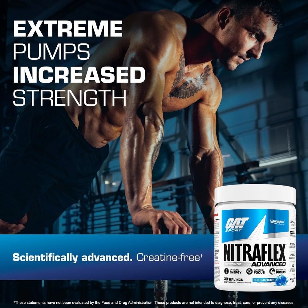 GAT SPORT Nitraflex Advanced Pre-Workout Powder, Increases Blood Flow, Boosts Strength and Energy, Improves Exercise Performance, Men & Women (Fruit Punch, 30 Servings) - dailyvitalstore