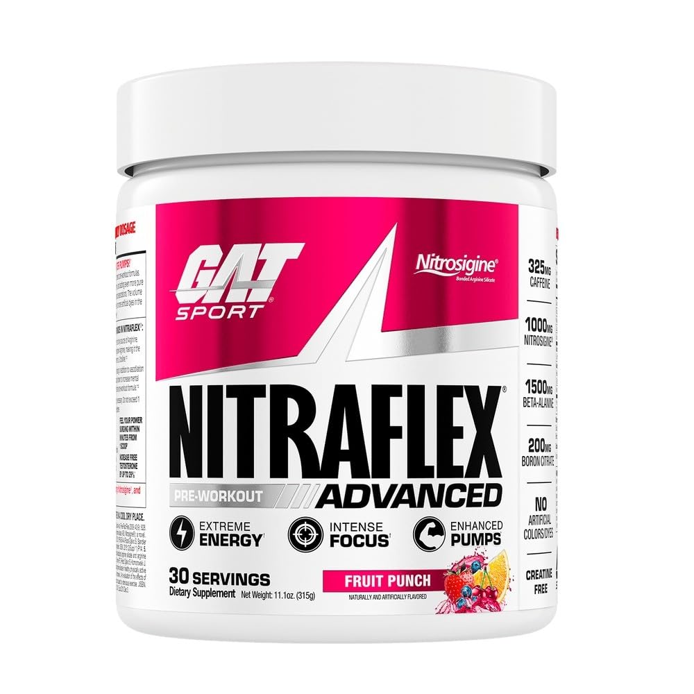 GAT SPORT Nitraflex Advanced Pre-Workout Powder, Increases Blood Flow, Boosts Strength and Energy, Improves Exercise Performance, Men & Women (Fruit Punch, 30 Servings) - dailyvitalstore