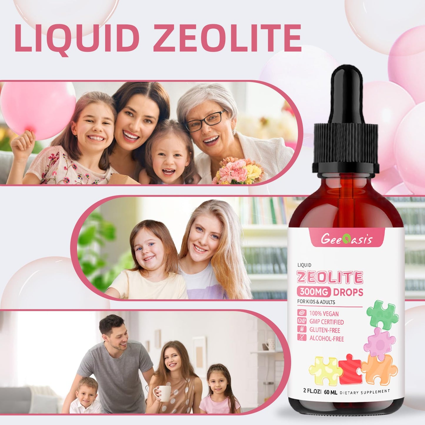 Geeoasis Zeolite Detox for Kids & Adults, 300 mg Zeolite Clinoptilolite Liquid with Vitamin B12 & D3, Vitamin C & Zinc Gluconate, Immune Support & Gut Health, Natural Strawberry Flavor, 2 Fl Oz - dailyvitalstore