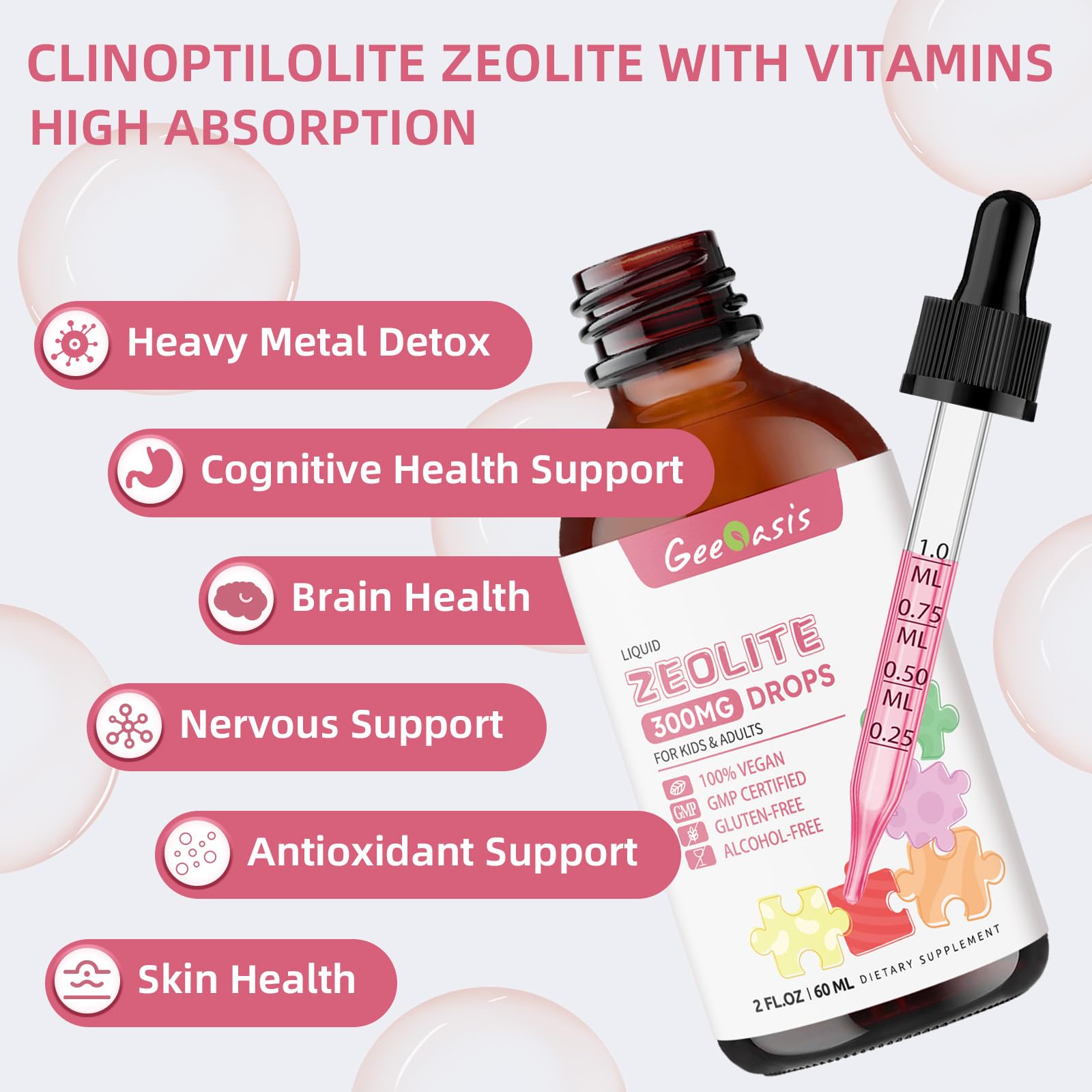 Geeoasis Zeolite Detox for Kids & Adults, 300 mg Zeolite Clinoptilolite Liquid with Vitamin B12 & D3, Vitamin C & Zinc Gluconate, Immune Support & Gut Health, Natural Strawberry Flavor, 2 Fl Oz - dailyvitalstore