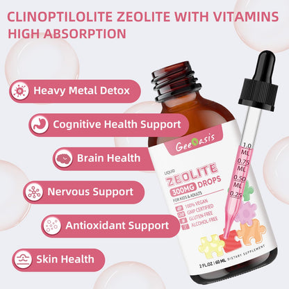 Geeoasis Zeolite Detox for Kids & Adults, 300 mg Zeolite Clinoptilolite Liquid with Vitamin B12 & D3, Vitamin C & Zinc Gluconate, Immune Support & Gut Health, Natural Strawberry Flavor, 2 Fl Oz - dailyvitalstore