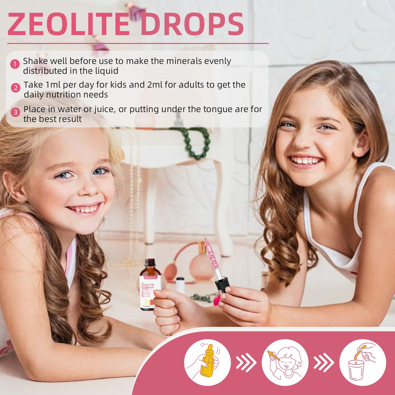Geeoasis Zeolite Detox for Kids & Adults, 300 mg Zeolite Clinoptilolite Liquid with Vitamin B12 & D3, Vitamin C & Zinc Gluconate, Immune Support & Gut Health, Natural Strawberry Flavor, 2 Fl Oz - dailyvitalstore