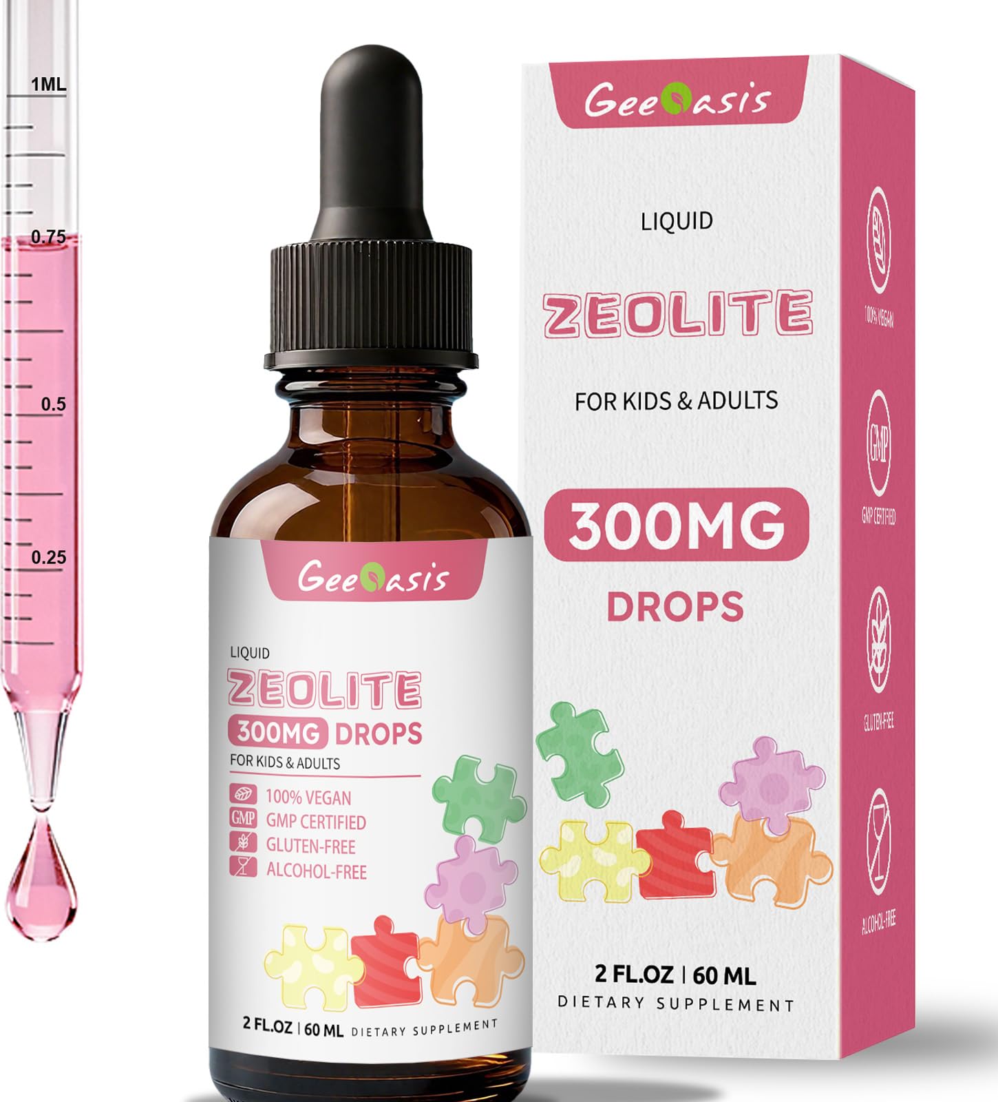 Geeoasis Zeolite Detox for Kids & Adults, 300 mg Zeolite Clinoptilolite Liquid with Vitamin B12 & D3, Vitamin C & Zinc Gluconate, Immune Support & Gut Health, Natural Strawberry Flavor, 2 Fl Oz - dailyvitalstore