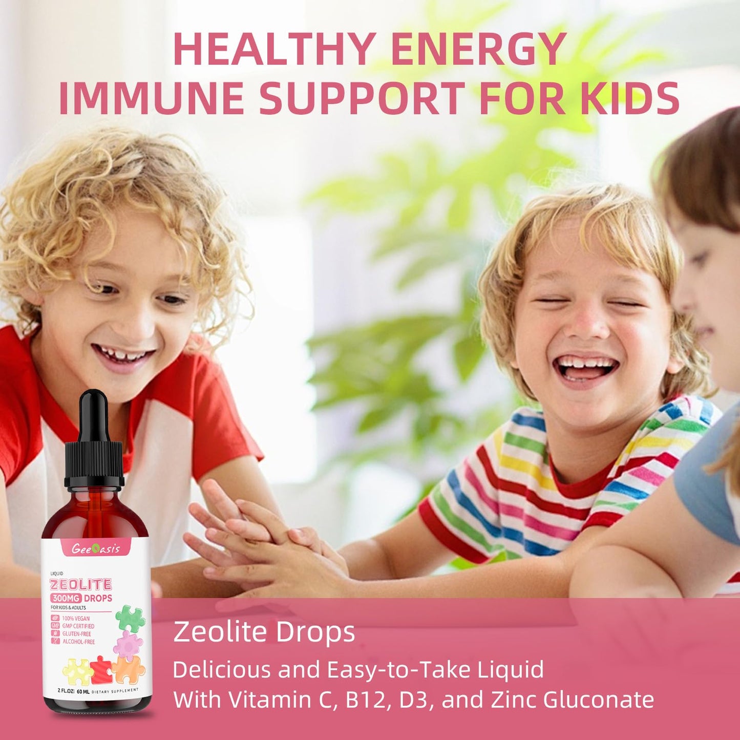 Geeoasis Zeolite Detox for Kids & Adults, 300 mg Zeolite Clinoptilolite Liquid with Vitamin B12 & D3, Vitamin C & Zinc Gluconate, Immune Support & Gut Health, Natural Strawberry Flavor, 2 Fl Oz - dailyvitalstore