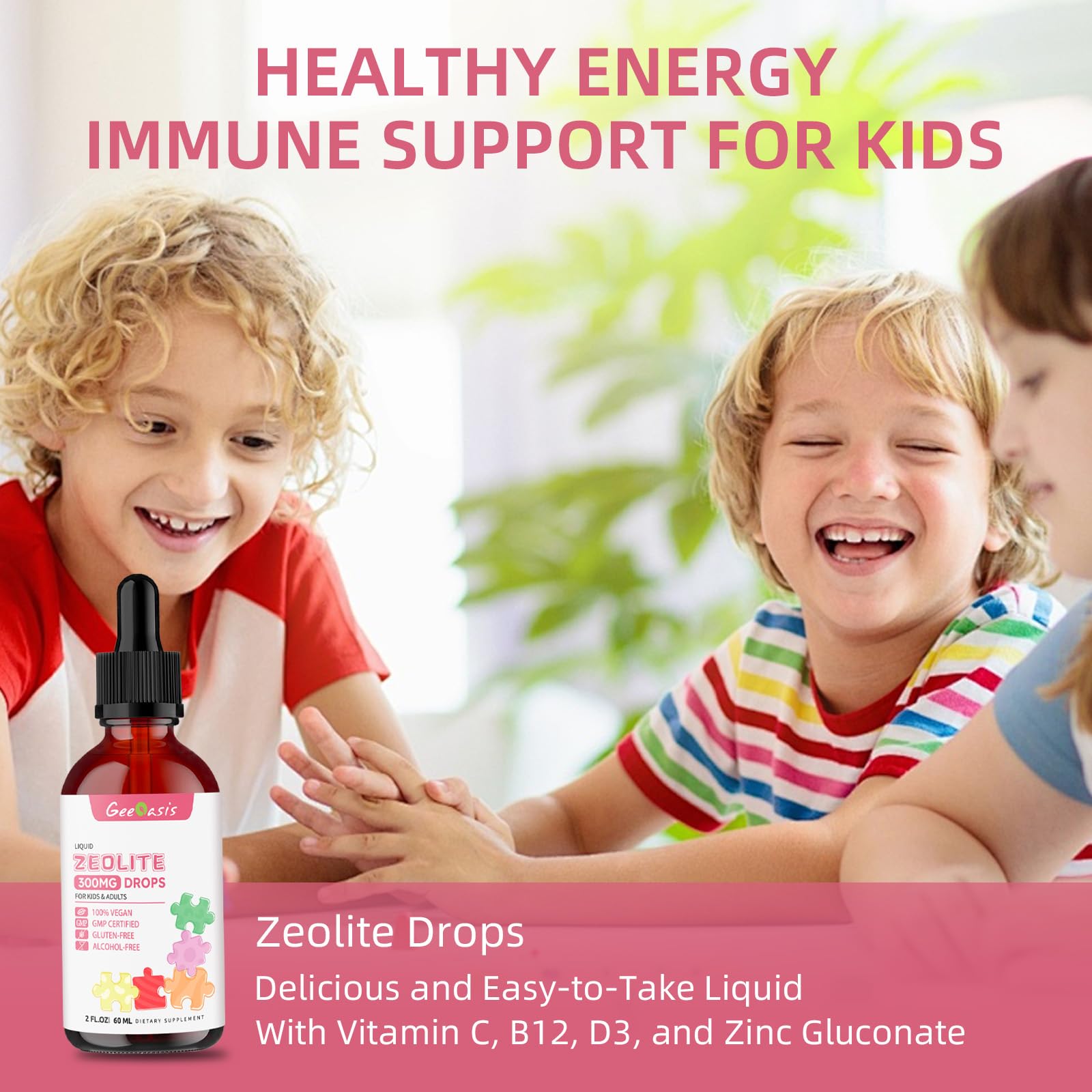 Geeoasis Zeolite Detox for Kids & Adults, 300 mg Zeolite Clinoptilolite Liquid with Vitamin B12 & D3, Vitamin C & Zinc Gluconate, Immune Support & Gut Health, Natural Strawberry Flavor, 2 Fl Oz - dailyvitalstore
