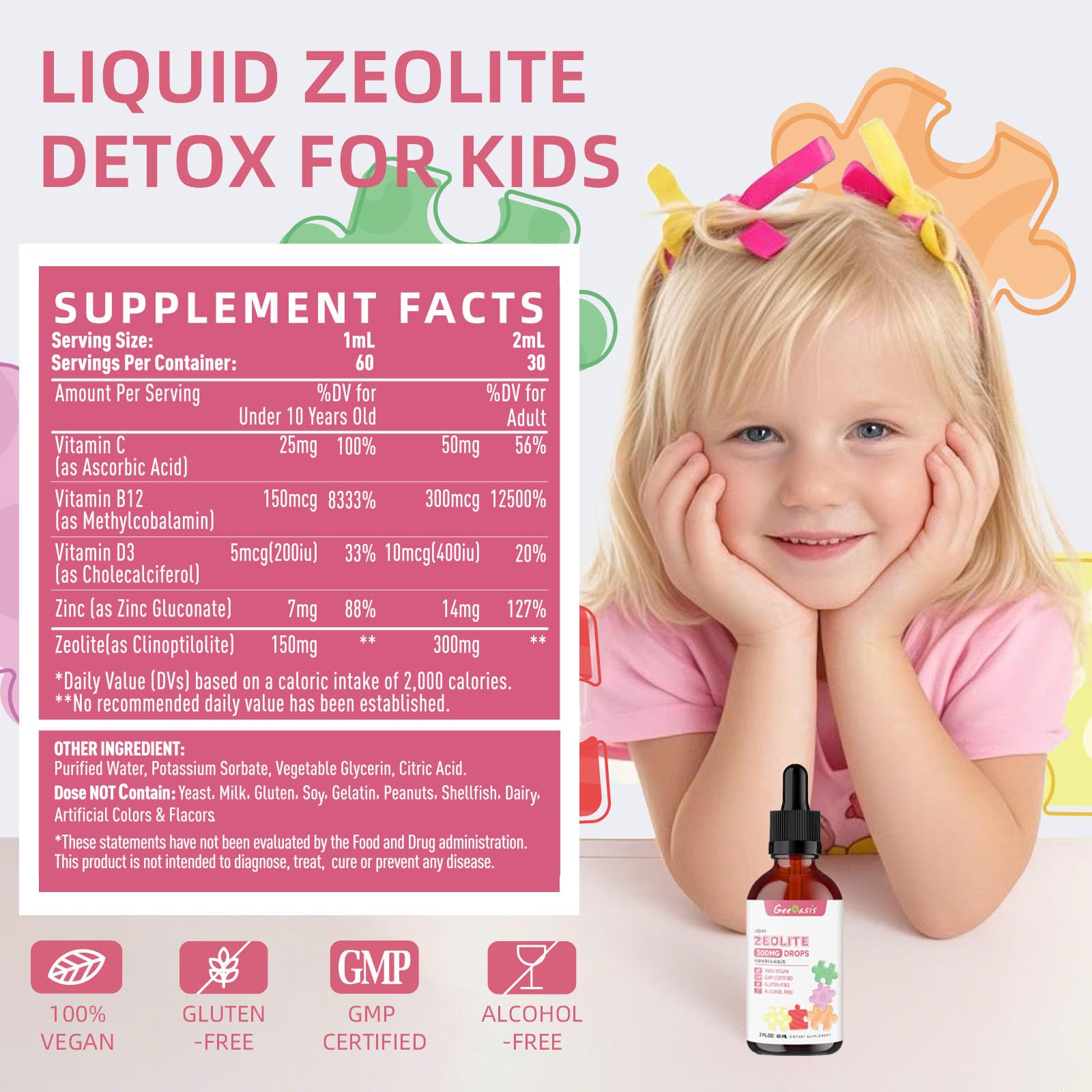 Geeoasis Zeolite Detox for Kids & Adults, 300 mg Zeolite Clinoptilolite Liquid with Vitamin B12 & D3, Vitamin C & Zinc Gluconate, Immune Support & Gut Health, Natural Strawberry Flavor, 2 Fl Oz - dailyvitalstore