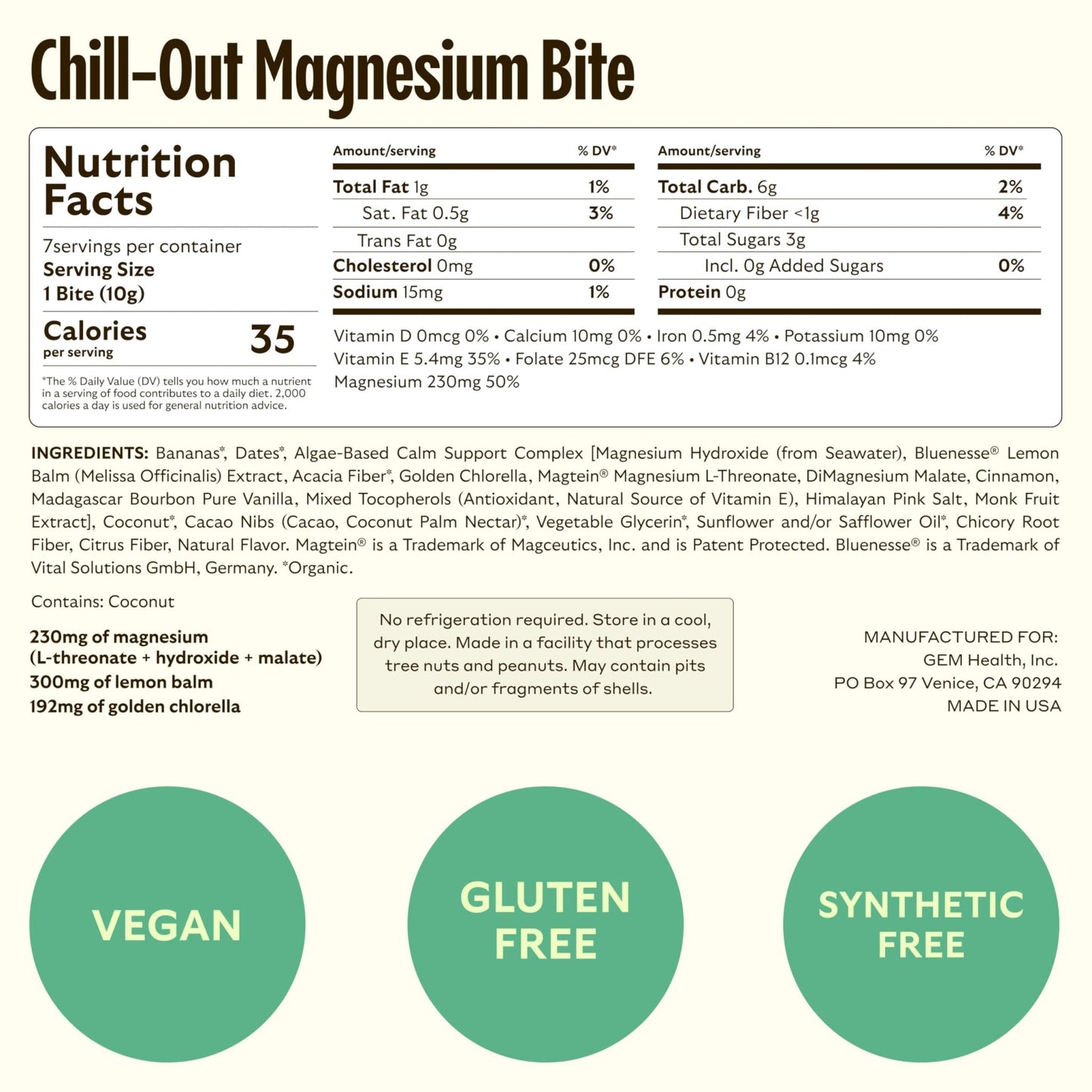 GEM Calm Bite | Supports Calm Mind & Clarity | Magnesium L-Threonate, Golden Chlorella, Lemon Balm | Holistic Non-Habit Forming | Gluten Free, Soy Free, Banana Cinnamon (7 Count) - dailyvitalstore