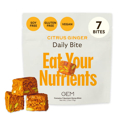 GEM Daily Bite for Women & Men, with 20+ Vitamins, Minerals, & Superfoods Like Zinc, Vitamin D, B-Complex, K, Turmeric, Fiber & Prebiotics, Beta Glucan GLP-1 Support & Immunity (Citrus Ginger,7 count) - dailyvitalstore