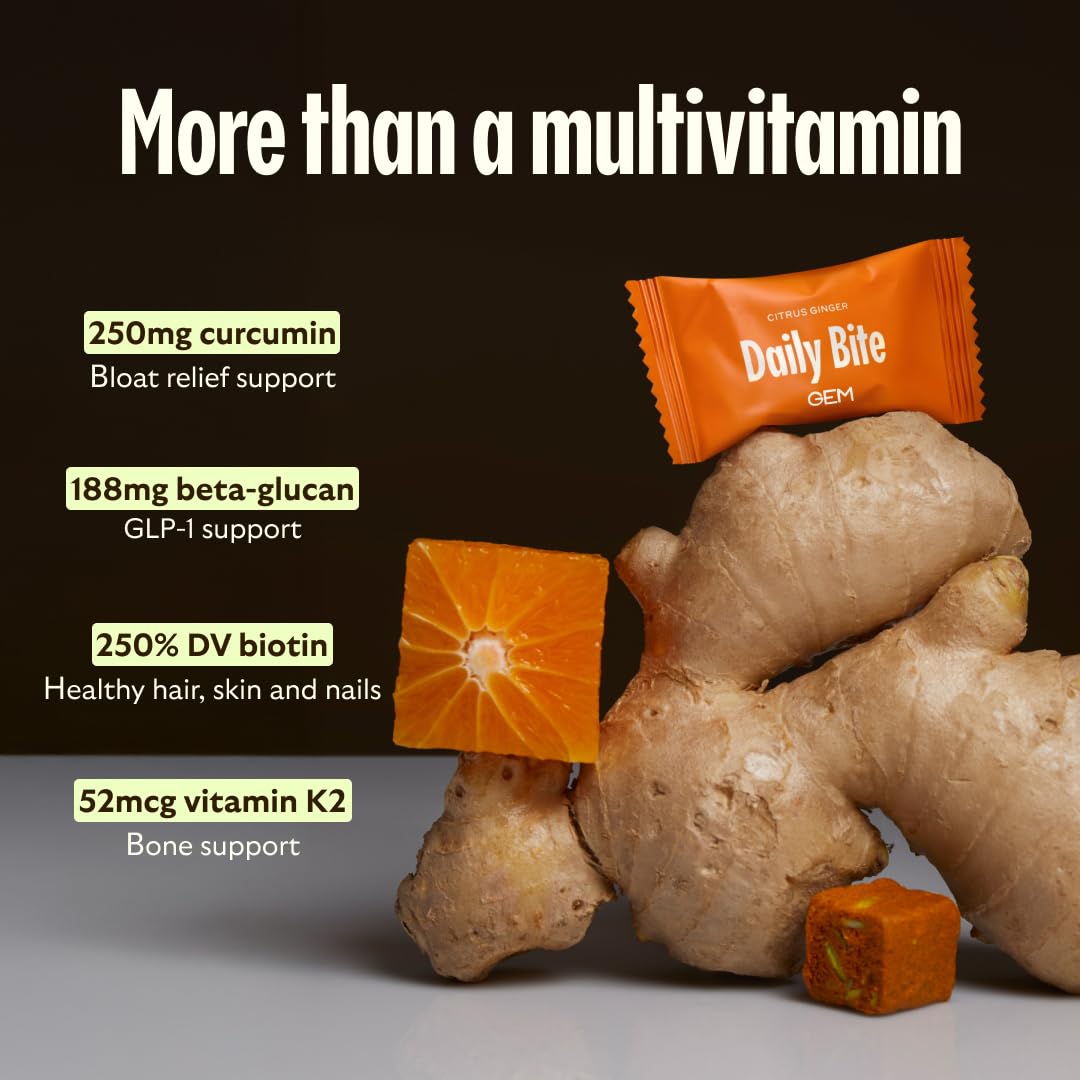 GEM Daily Bite for Women & Men, with 20+ Vitamins, Minerals, & Superfoods Like Zinc, Vitamin D, B-Complex, K, Turmeric, Fiber & Prebiotics, Beta Glucan GLP-1 Support & Immunity (Citrus Ginger,7 count) - dailyvitalstore