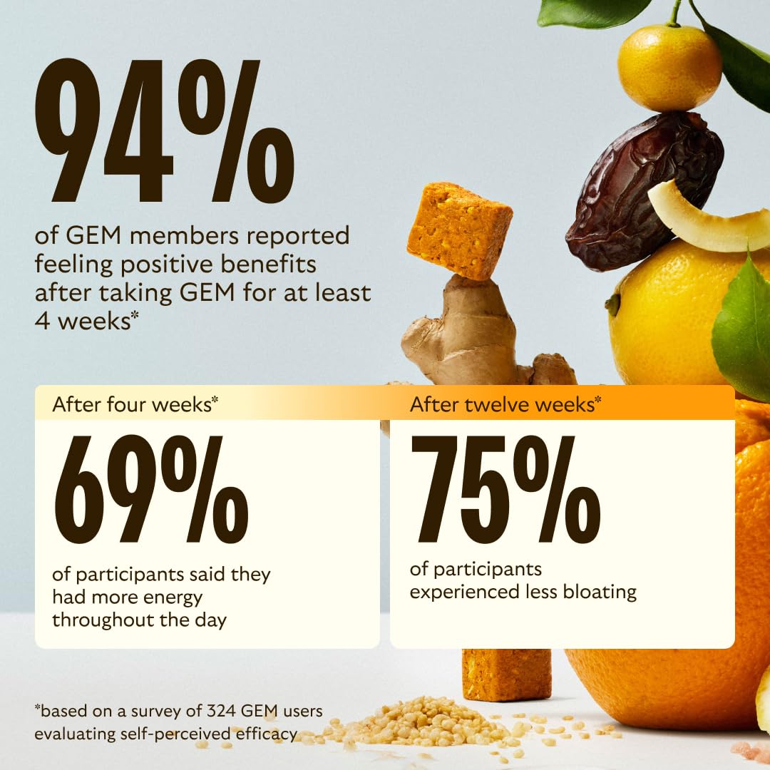 GEM Daily Bite for Women & Men, with 20+ Vitamins, Minerals, & Superfoods Like Zinc, Vitamin D, B-Complex, K, Turmeric, Fiber & Prebiotics, Beta Glucan GLP-1 Support & Immunity (Citrus Ginger,7 count) - dailyvitalstore