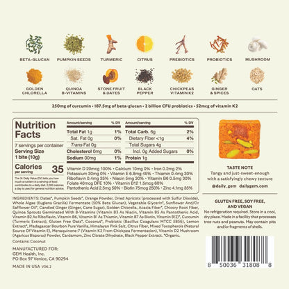 GEM Daily Bite for Women & Men, with 20+ Vitamins, Minerals, & Superfoods Like Zinc, Vitamin D, B-Complex, K, Turmeric, Fiber & Prebiotics, Beta Glucan GLP-1 Support & Immunity (Citrus Ginger,7 count) - dailyvitalstore